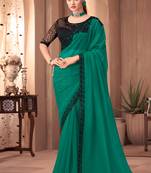 Rama green georgette silk plain saree with heavy embroidred & sequince blouse, lace border saree with blouse