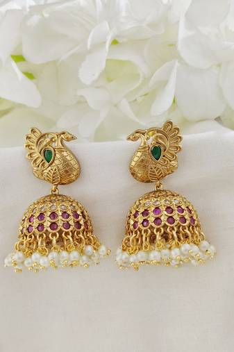 Matt gold peacock kemp jhumka earrings
