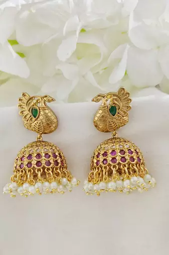 Matt gold peacock kemp jhumka earrings