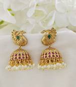 Matt gold peacock kemp jhumka earrings