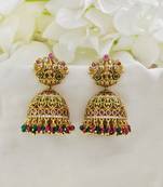 Gold antique lakshmi temple jhumka earring with red and green beads