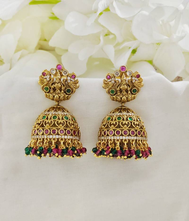 Gold antique lakshmi temple jhumka earring with red and green beads