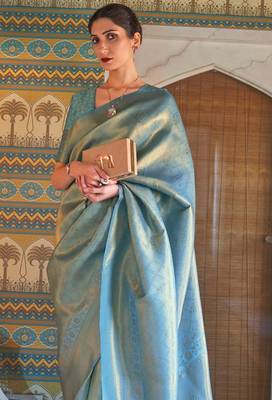 Blue Zari Woven Kanjeevaram Silk Blend Sarees 2