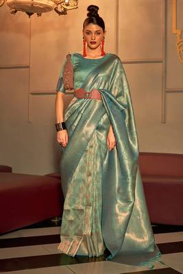 Green Kanvi Women silk Blend Woven Design Handloom Saree With Unstitched Blouse 1