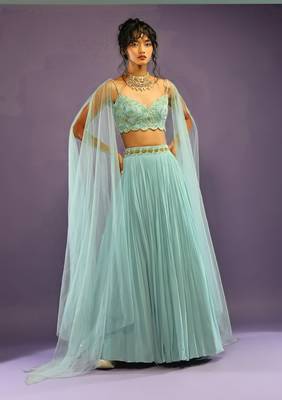 Turquoise Crush Work Sequins Zari And Dori Embroidered Faux Georgette Party Wear Lehenga Choli 1