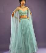 Turquoise Crush Work Sequins Zari And Dori Embroidered Faux Georgette Party Wear Lehenga Choli