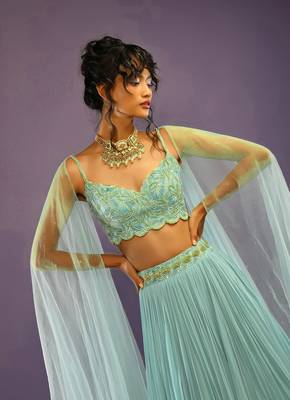 Turquoise Crush Work Sequins Zari And Dori Embroidered Faux Georgette Party Wear Lehenga Choli 2