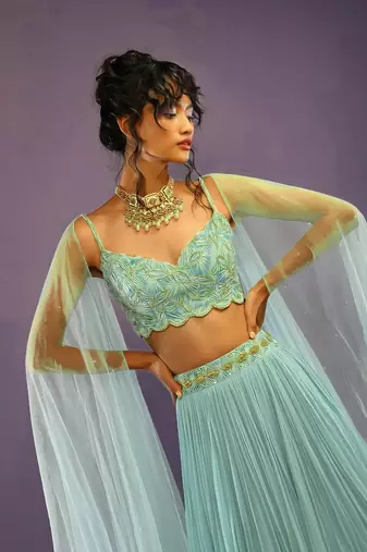 Turquoise Crush Work Sequins Zari And Dori Embroidered Faux Georgette Party Wear Lehenga Choli