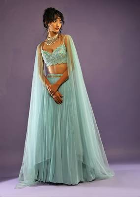 Turquoise Crush Work Sequins Zari And Dori Embroidered Faux Georgette Party Wear Lehenga Choli 3