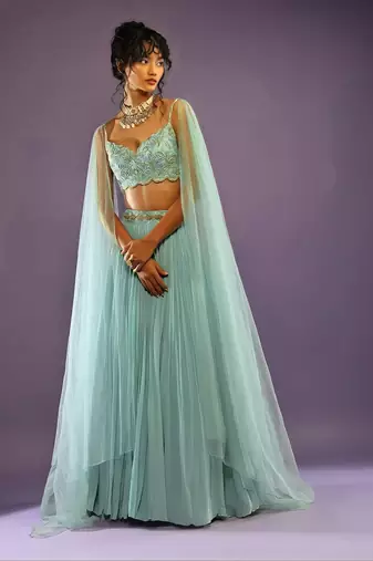 Turquoise Crush Work Sequins Zari And Dori Embroidered Faux Georgette Party Wear Lehenga Choli