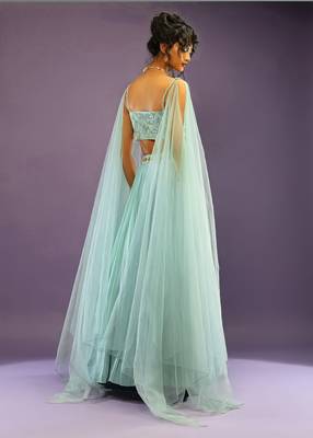 Turquoise Crush Work Sequins Zari And Dori Embroidered Faux Georgette Party Wear Lehenga Choli 4