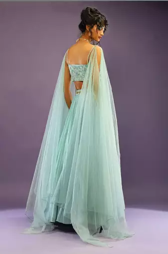 Turquoise Crush Work Sequins Zari And Dori Embroidered Faux Georgette Party Wear Lehenga Choli
