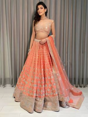 Orange Sequins and Zari Embroidered Devsena Silk Party wear Lehenga Choli 1