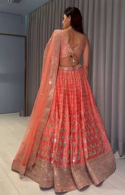 Orange Sequins and Zari Embroidered Devsena Silk Party wear Lehenga Choli 4