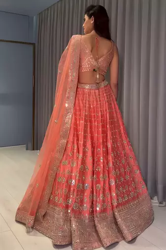 Orange Sequins and Zari  Embroidered Devsena Silk Party wear Lehenga Choli