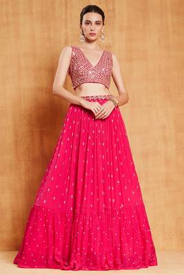  Rani Pink Zari & Sequins Embroidered Faux-Georgette Wedding Lehenga Choli  1