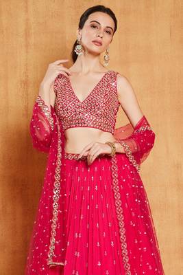  Rani Pink Zari & Sequins Embroidered Faux-Georgette Wedding Lehenga Choli  2