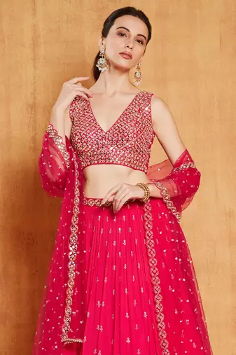  Rani Pink Zari & Sequins Embroidered Faux-Georgette Wedding Lehenga Choli 