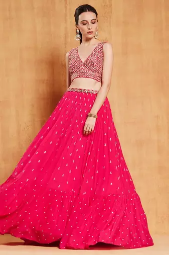  Rani Pink Zari & Sequins Embroidered Faux-Georgette Wedding Lehenga Choli 