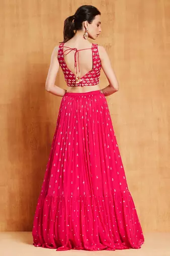  Rani Pink Zari & Sequins Embroidered Faux-Georgette Wedding Lehenga Choli 