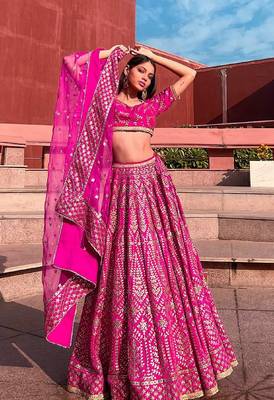 Rani-Pink Chapat Zari And Dori Embroidered Malai Satin Silk Indian Wedding Lehenga Dress 1