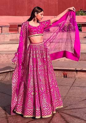 Rani-Pink Chapat Zari And Dori Embroidered Malai Satin Silk Indian Wedding Lehenga Dress 3