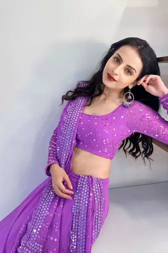Lavender Sequence With Thread Embroidery Work Faux Georgette Lehenga Choli For Wedding