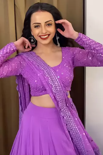 Lavender Sequence With Thread Embroidery Work Faux Georgette Lehenga Choli For Wedding