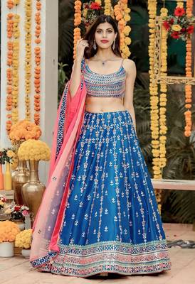 Blue Sequins Thread And Zari Embroidered Chinon Designer Lehenga For Bride 1