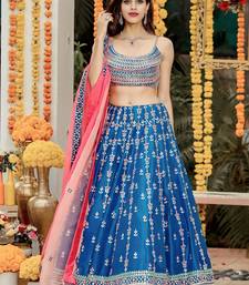 Blue Sequins Thread And Zari Embroidered Chinon Designer Lehenga For Bride