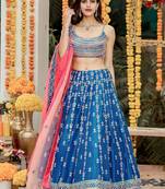 Blue Sequins Thread And Zari Embroidered Chinon Designer Lehenga For Bride