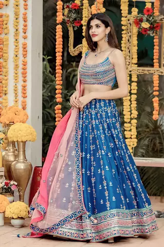 Blue Sequins Thread And Zari Embroidered Chinon Designer Lehenga For Bride