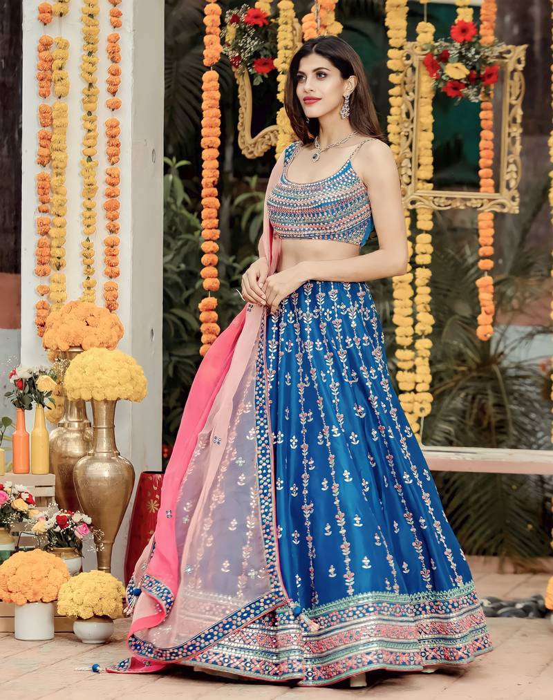 Blue Sequins Thread And Zari Embroidered Chinon Designer Lehenga For Bride