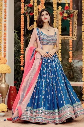 Blue Sequins Thread And Zari Embroidered Chinon Designer Lehenga For Bride