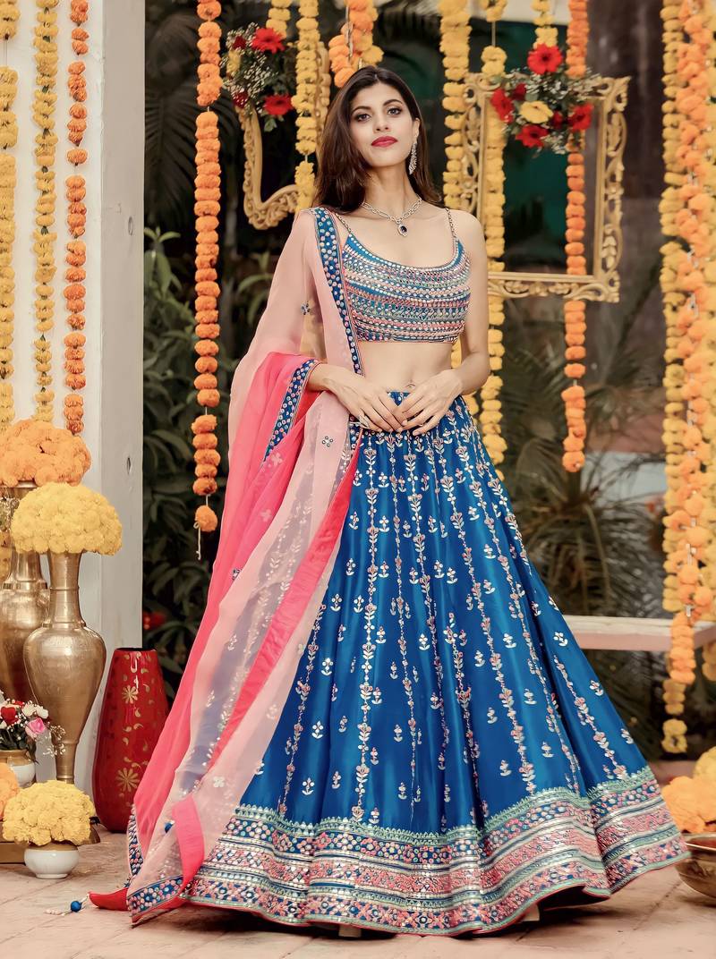 Blue Sequins Thread And Zari Embroidered Chinon Designer Lehenga For Bride