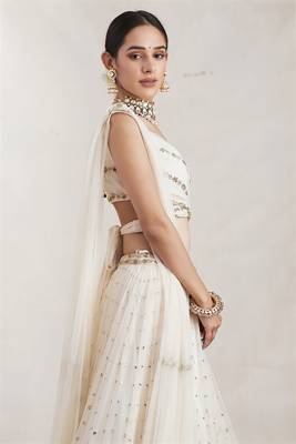 Off white zari and sequins embroidered Georgette indian designer wedding latest design lehenga choli dress 2