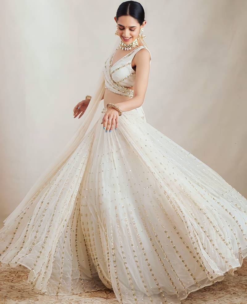 Off white zari and sequins embroidered Georgette indian designer wedding latest design lehenga choli dress