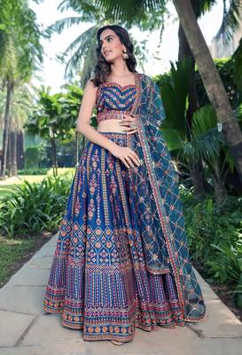 Blue Sequins Thread And Zari Embroidered Chinon Designer Lehenga Choli For Wedding 1