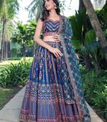 Blue Sequins Thread And Zari Embroidered Chinon Designer Lehenga Choli For Wedding