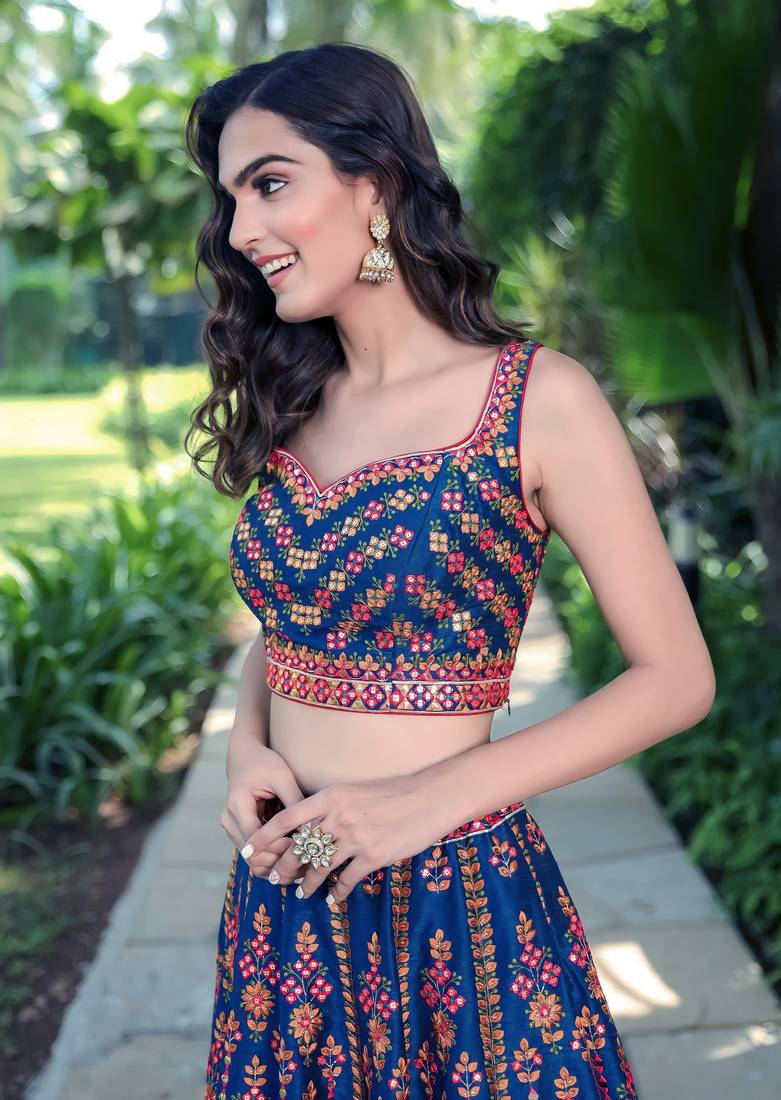 Blue Sequins Thread And Zari Embroidered Chinon Designer Lehenga Choli For Wedding