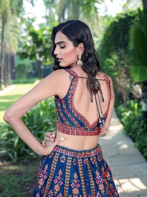 Blue Sequins Thread And Zari Embroidered Chinon Designer Lehenga Choli For Wedding 3