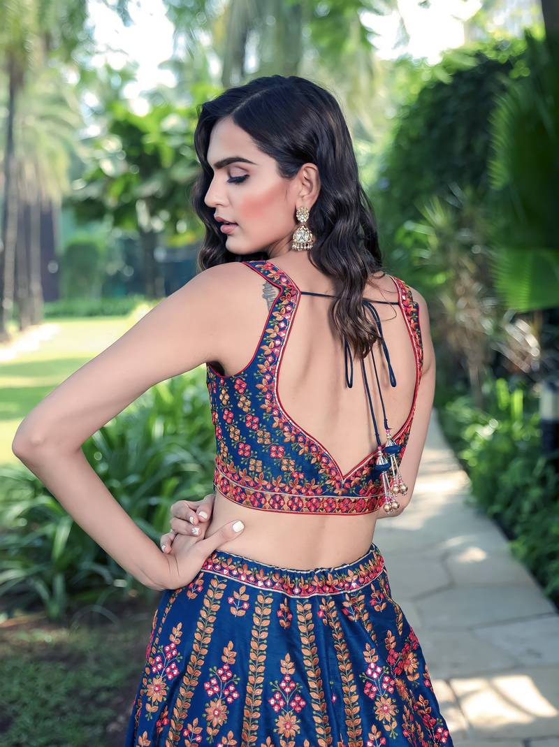 Blue Sequins Thread And Zari Embroidered Chinon Designer Lehenga Choli For Wedding