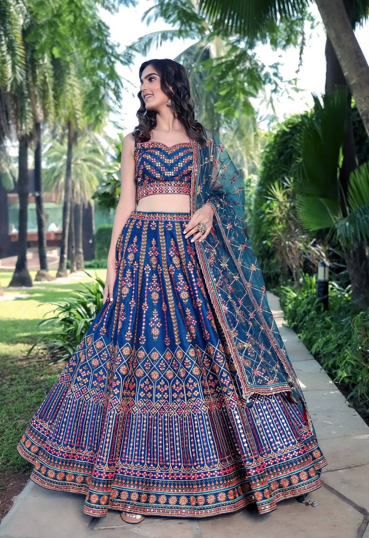 Blue Sequins Thread And Zari Embroidered Chinon Designer Lehenga Choli For Wedding
