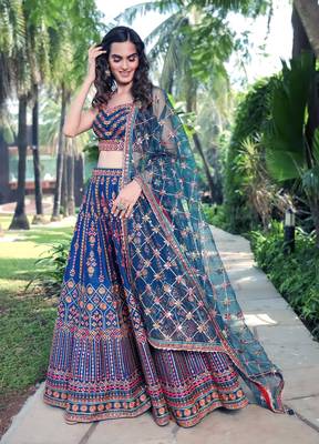 Blue Sequins Thread And Zari Embroidered Chinon Designer Lehenga Choli For Wedding 5