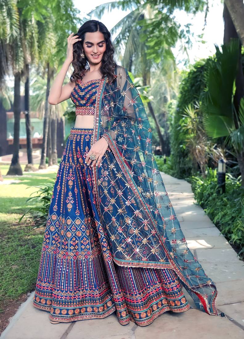Blue Sequins Thread And Zari Embroidered Chinon Designer Lehenga Choli For Wedding