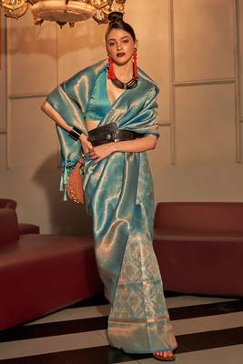 Teal Kanvi Women silk Blend Woven Design Handloom Saree With Blouse For Women 1