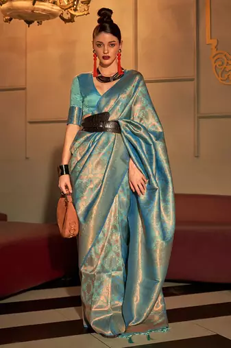 Teal Kanvi Women silk Blend Woven Design Handloom Saree With Blouse For Women
