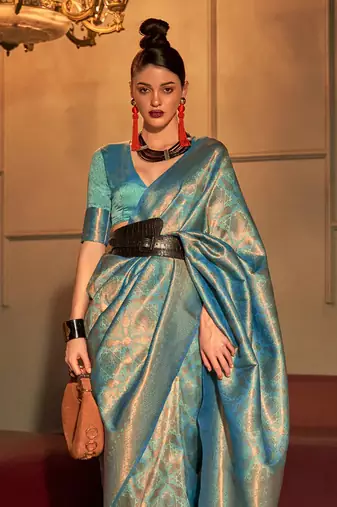 Teal Kanvi Women silk Blend Woven Design Handloom Saree With Blouse For Women