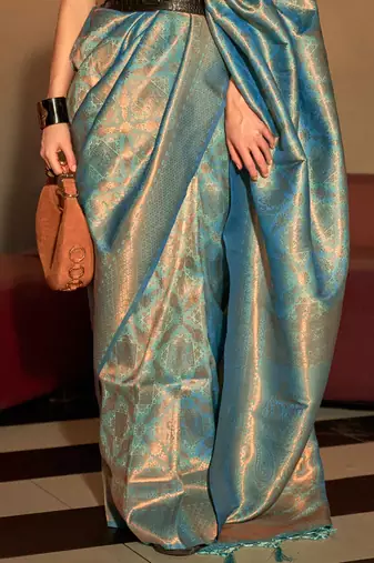 Teal Kanvi Women silk Blend Woven Design Handloom Saree With Blouse For Women