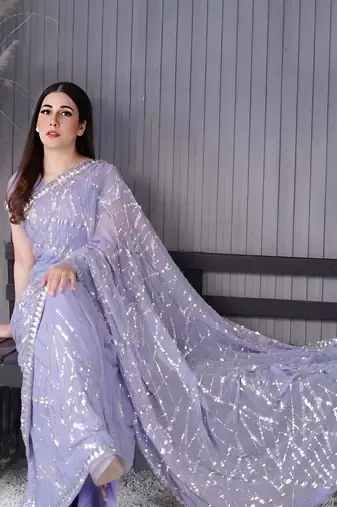 Lavender Georgette Sequin Embroidered Party Wear Saree With Blouse